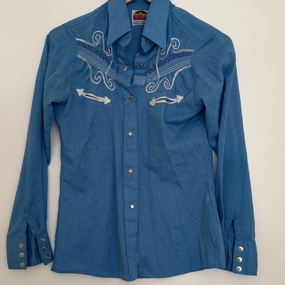 Women's Blue Embroidered Button Down Shirt- needs some love and fixes- vintage